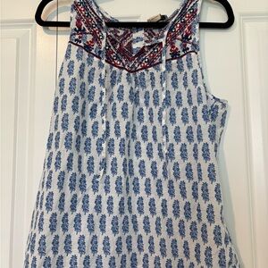 Lucky Brand Blue and Red Printed Sleeveless Tank with Embroidered Yoke